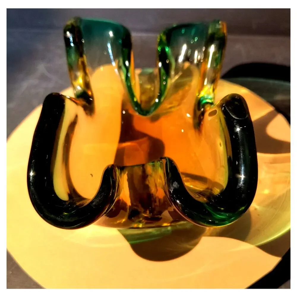 597. Murano Style Art Glass Bowl Dish Green and Amber Glows